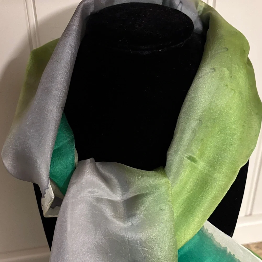 Elegant Green, Cream and Gray Silk Oblong Scarf. Perfect for St. Patrick’s Day!